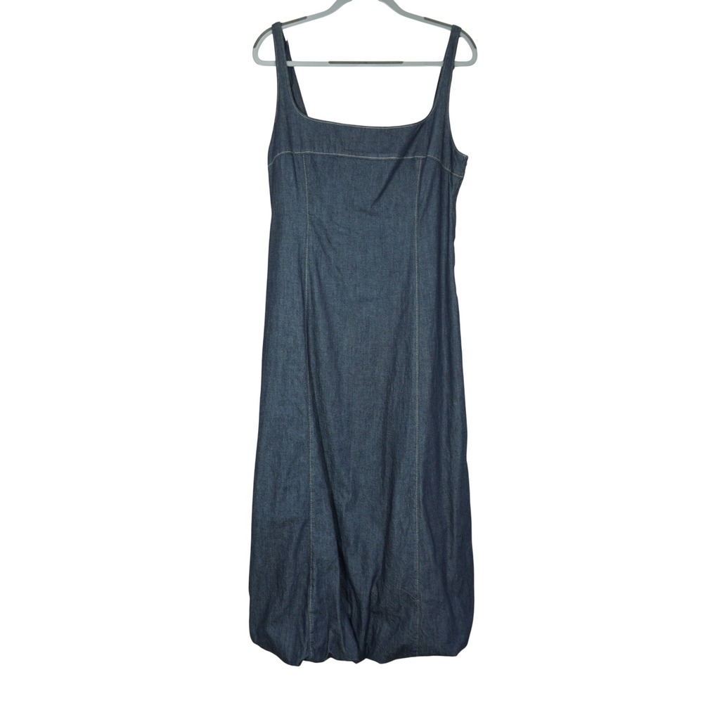 Zara Size Large Denim Bubble Hem Midi Dress Dark Wash Square Neck Blue NEW